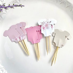 Pink Baby Shower Cupcake Toppers: Double Sided bodysuits Food Picks (Set of 12)