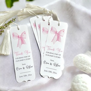 Baby shower bookmarks, personalized pink bow book signs -  12 bookmarks