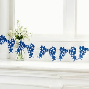 Blue gingham bow garland, baby shower bow banner, blue bow decor, bow theme, assembled