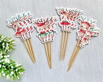 Reindeer cupcake toppers, Christmas food picks, cupcake decoration, holiday decor - set of 12