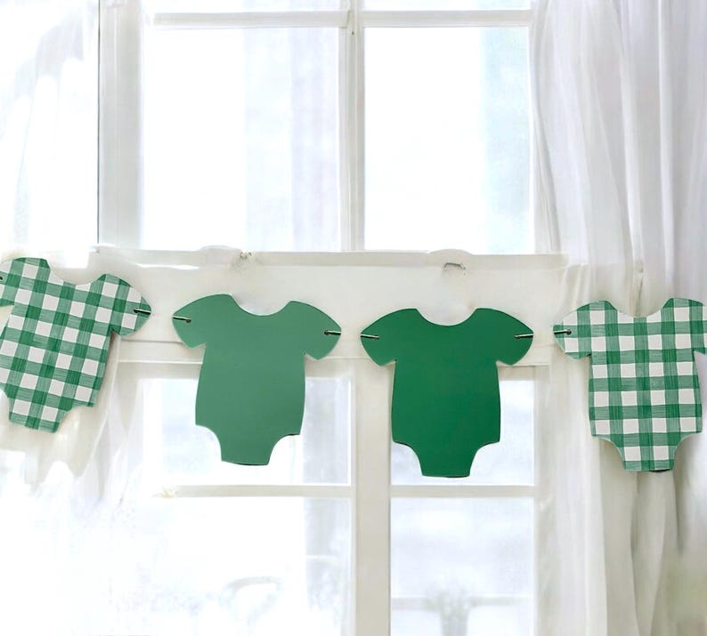 Sage Green Gingham Baby Shower Garland, Assembled Bodysuit Banner green