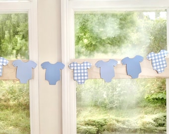Blue bodysuit garland, assembled blue gingham banner, baby shower decoration, gingham theme