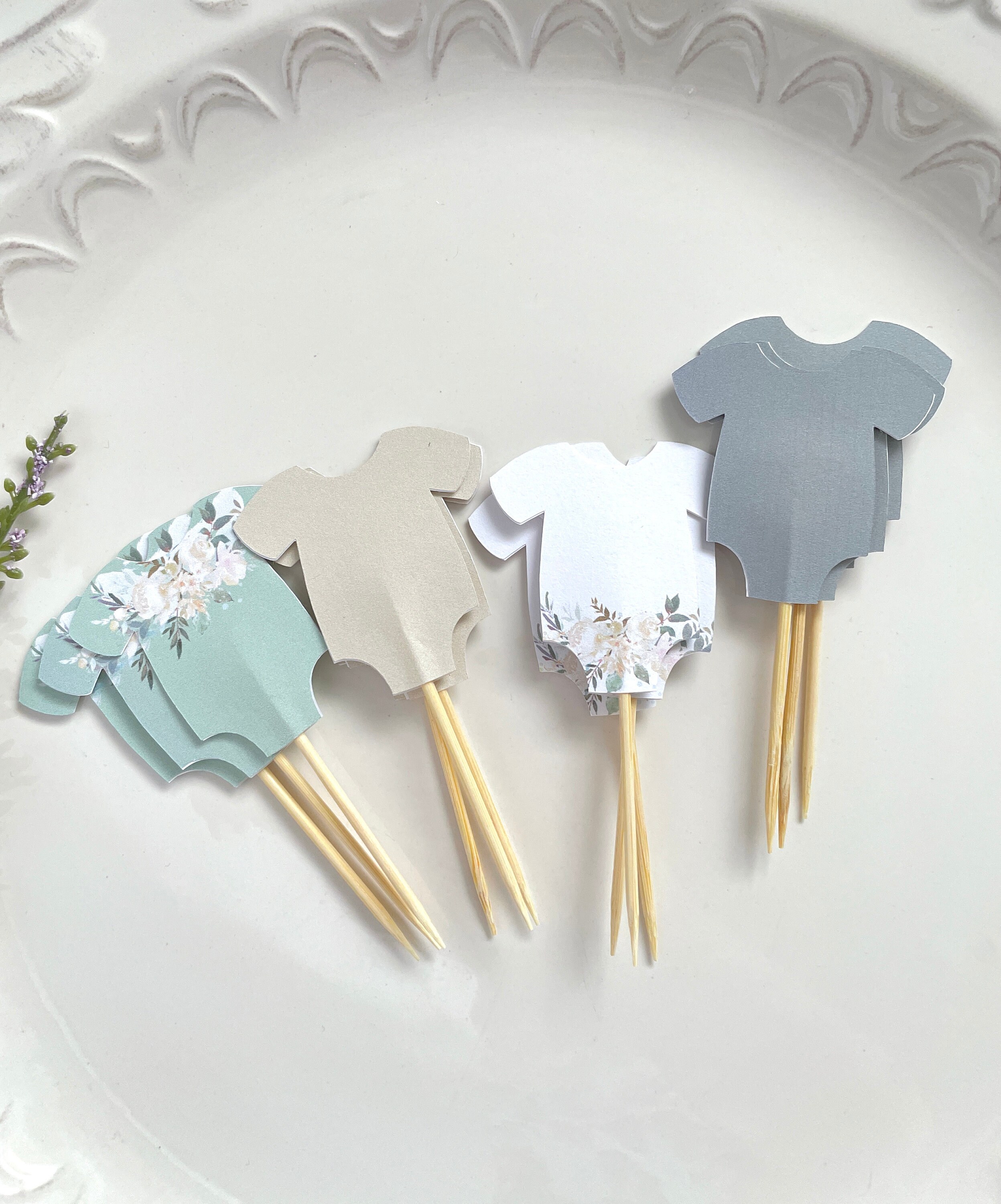 Sage Baby Shower Cupcake Toppers: Double Sided Bodysuits Food Picks (Set of 12)