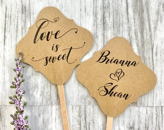 Wedding cupcake toppers, double sided cupcake picks, love is sweet, bridal shower cupcakes, rustic decor - set of 10