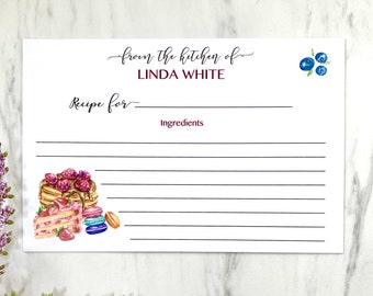Personalized Recipe Cards, Watercolor Dessert Design, Set of 12
