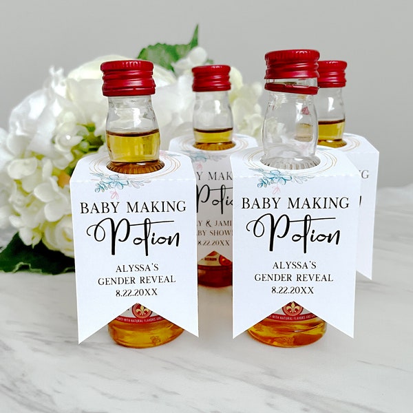 Baby making potion tags, baby shower mini bottle labels, gender reveal, personalized tags for shot bottles - 12 tags