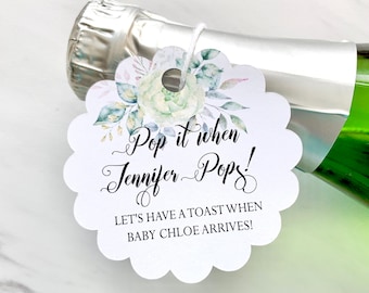 Personalized Baby Shower Favor Tags, Floral Wine Champagne Labels (Set of 12)
