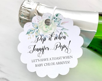 Baby shower favor tags, pop it when she pops, baby shower wine labels, champagne bottle tags- set of 12