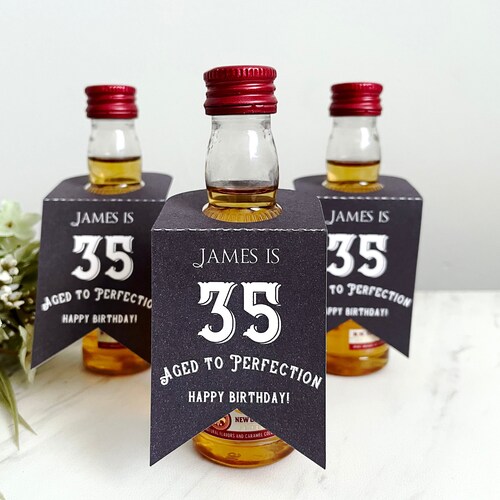 Personalized Birthday Shot Bottle Tags, Aged to Perfection Labels - Set of 12
