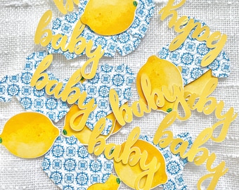 Amalfi Coast Baby Shower Confetti, Mediterranean Theme Cutouts, Lemon Chinoiserie Decor - 100 pieces