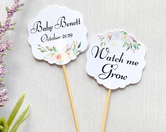 Watch me grow tags, personalized succulents labels, baby shower tags fro plants, 12 baby shower cupcake toppers, double sided