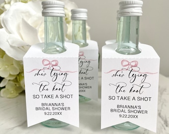She's tying the knot, bridal shower mini bottle tags, bow themed tags, bachelorette party