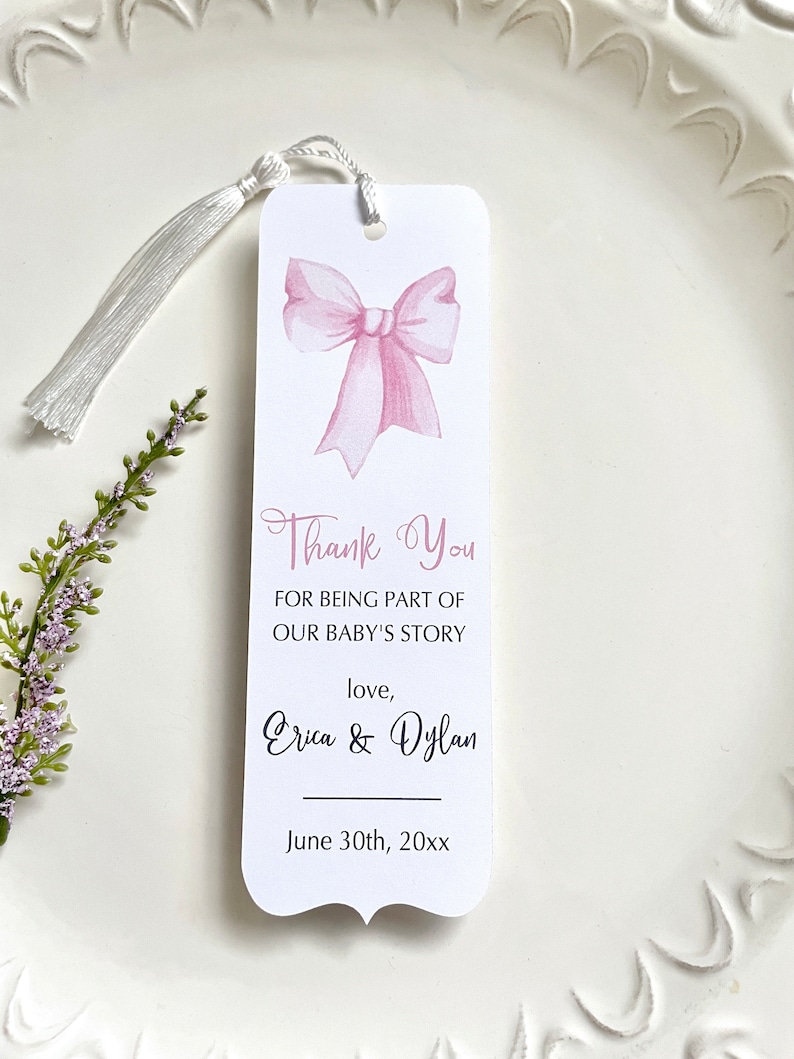 Baby Shower Bookmarks, Personalized Pink Bow Book Signs - 12 Bookmarks ...