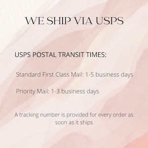 Op de afbeelding: Tekst op een roze achtergrond die "WE SHIP VIA USPS" en "USPS POSTAL TRANSIT TIMES:" gevolgd door "Standard First Class Mail: 1-5 business days" en "Priority Mail: 1-3 business days" luidt. De tekst eindigt met "Een track-and-trace nummer wordt verstrekt voor elke bestelling zodra deze wordt verzonden."