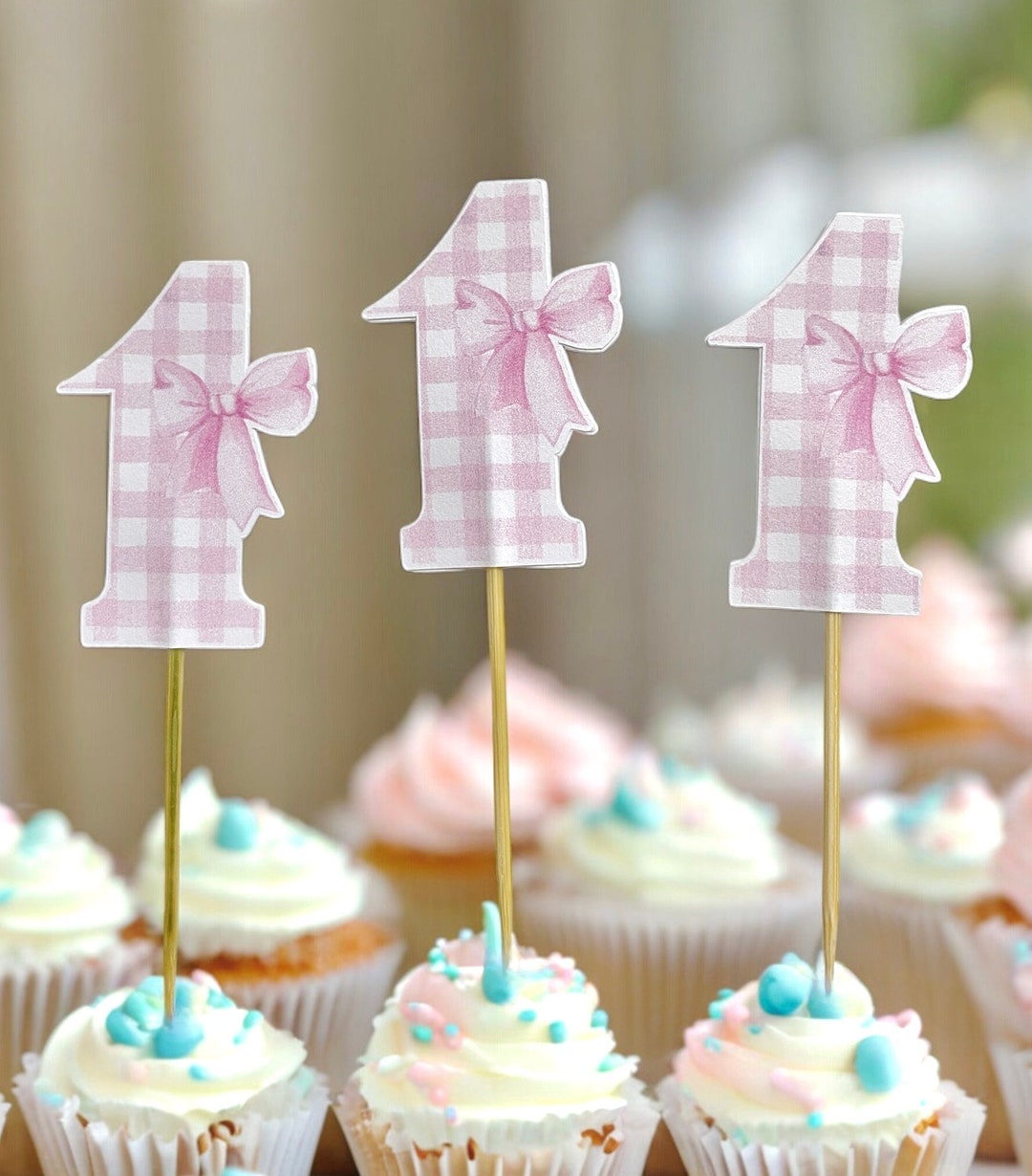 Bow Cupcake Toppers: Pink Gingham 1st Birthday Decorations (set of 12 ...