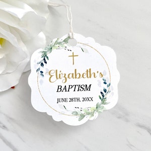 First Communion tags, greenery baptism labels, personalized thank you tags  - set of 12