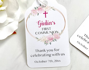 Personalized first communion tags, baptism labels, printed tags for first communion favors - set of 12