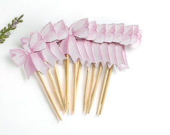 Watercolor pink bow cupcake toppers, double sided food picks - set of 12