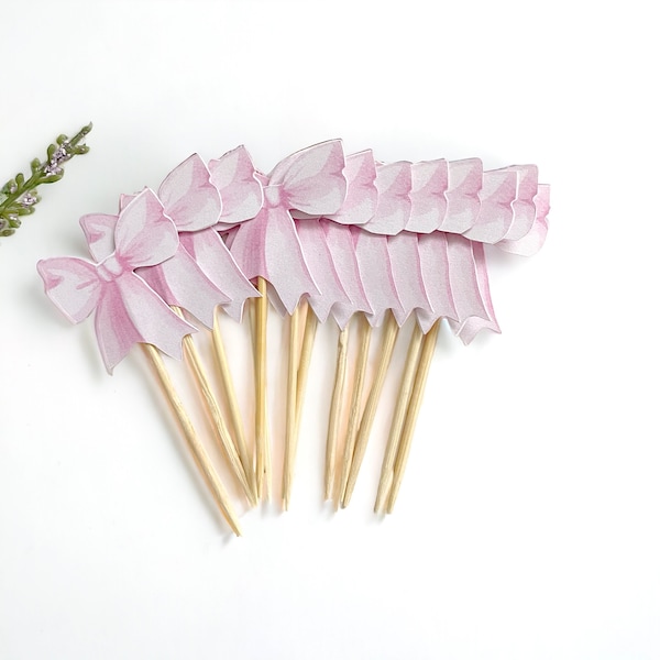 Watercolor pink bow cupcake toppers, double sided food picks - set of 12