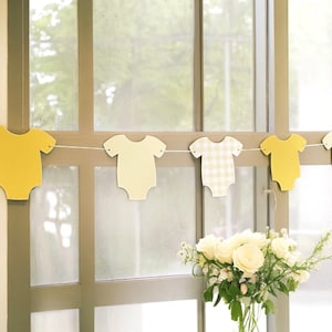 Yellow baby shower garland, baby bodysuit banner, baby shower decoration, gingham theme