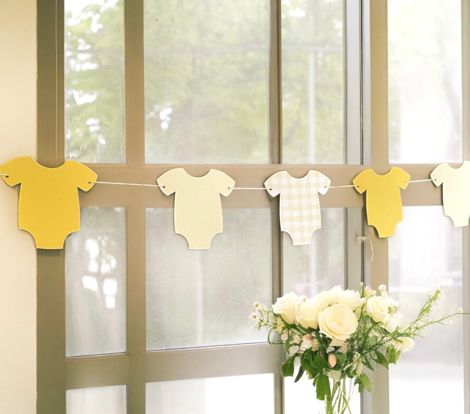 Yellow Gingham Baby Shower Garland: Bodysuit Banner Decoration