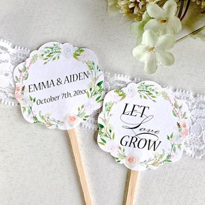 Succulent favor tags, personalized double sided labels, let love grow succulent sticks - set of 10