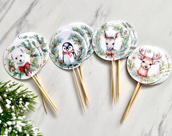 Christmas cupcake toppers, holidays food picks, Christmas animals - set of 12