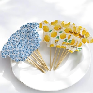 Amalfi Coast Baby Shower Cupcake Toppers, Lemon Chinoiserie Theme, Set of 12