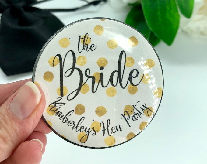 Black & Gold Compact Mirror with Satin Pouch - Personalised Bridesmaids Gifts, Bridesmaid Proposal Wedding Handbag Mirrors