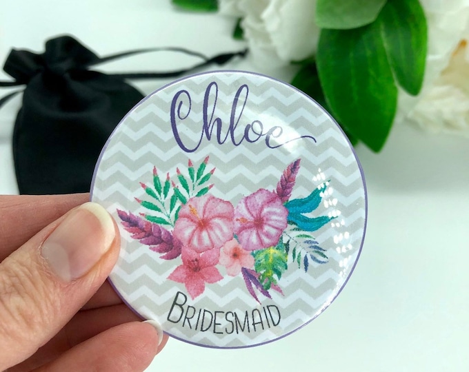 Personalised Floral Mirror Bridesmaid Gift Hen Do Favour, Hen Party Mirror, Bridal Party gift, Personalised Mirror in Wedding Colours