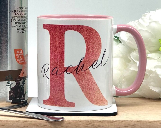 Rose Gold Monogram Mug - Initial Coffee Mug - Glitter Effect Personalised Mug
