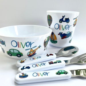 Personalised Children's Dinner Set with Transport Theme Bowl / Cup / Cutlery Set for Kids Personalised with Name Bowl, Cup & Cutlery