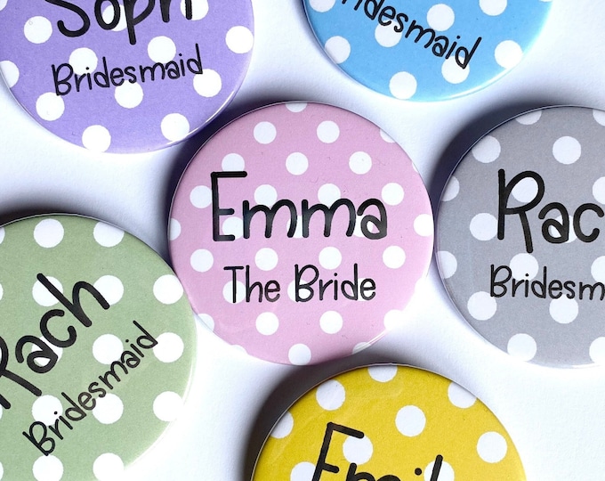 6cm Personalised Hen Party Badges - Polka Dot Vintage Style Hen Do Accessories - Team Bride/Bride Squad/Bride Tribe Hen Party Bag Filler