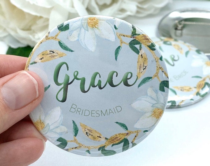 Floral Wedding Badges  6cm- Personalised Badges for Bridesmaids / Maid of Honour / Bridal Party - Hen Party Decor Accessories
