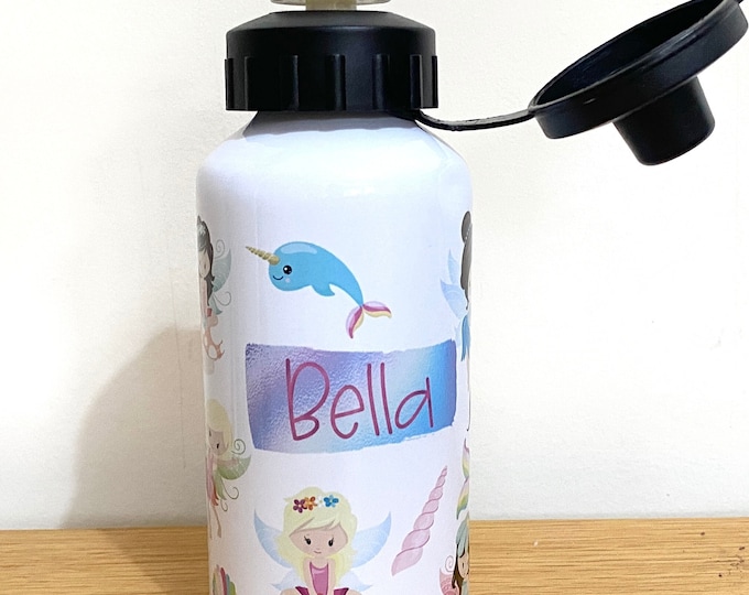 Personalised Water Bottle Mermaids with Name - Ideal for School / Nursery - Mermaid Gift for Girls - Insulated or Sports Bottle