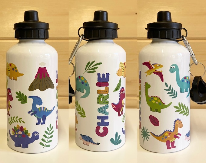 Dinosaur Kids Water Bottle - Custom Personalised Name Steel Sports Bottle with 2 Lids for Dinosaur Loving Kid
