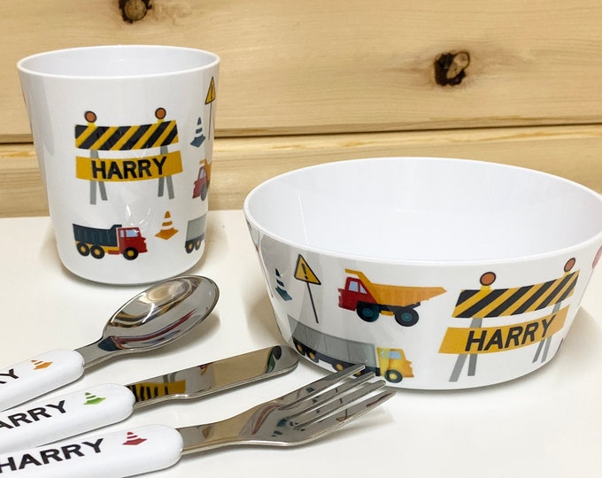 Personalised Children's Dinner Set with Diggers & Trucks - Bowl / Cup / Cutlery Set for Kids Personalised with Name