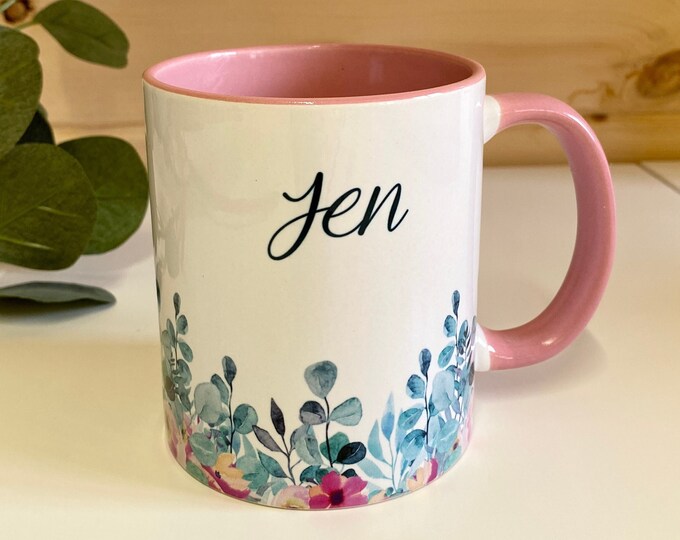 Floral Eucalyptus Mug for Her Personalised with Name - Floral Coffee Mug Customised with Name