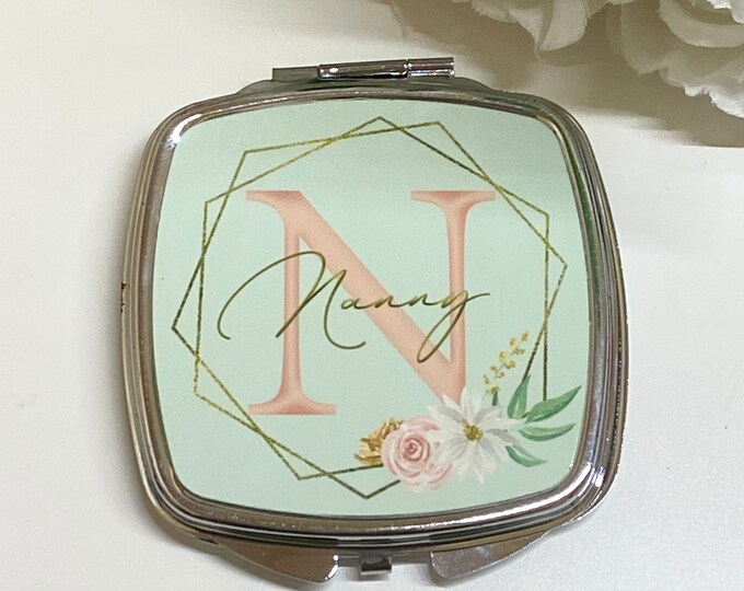 Personalised Compact Mirror with Monogram and Name - Handbag Mirror Gift for Friend / Teacher