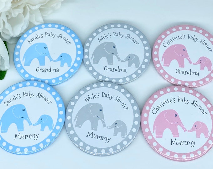 Elephant Baby Shower Badges, Personalised Badges, New Baby Party badges, Christening Baptism Party Badges