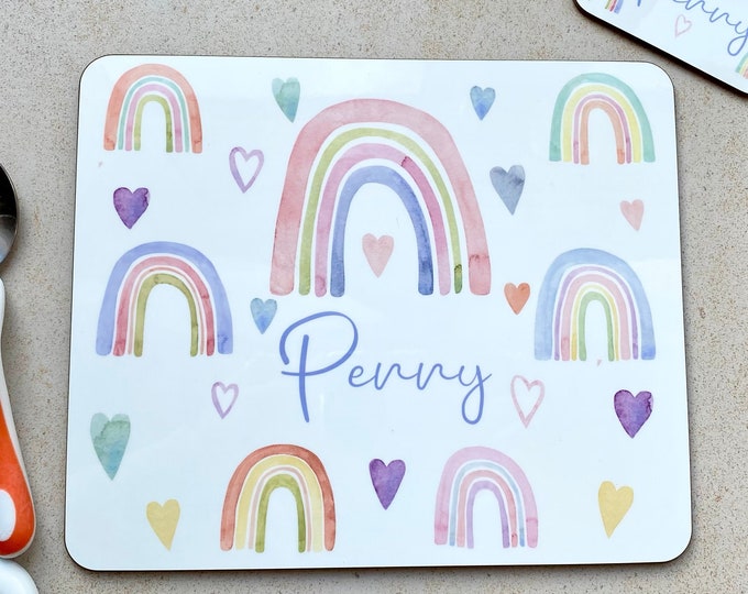 Kid's Rainbow Placemat Personalised - Children's Watercolour Rainbows Table Mat for Girls with Name - Child's Placemat Set
