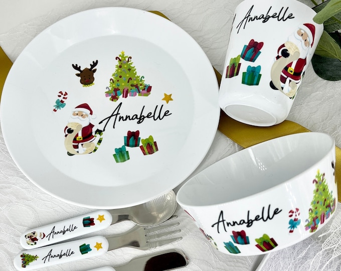 Personalised Children's Christmas Dinner Set - Xmas Themed Bowl / Plate / Cup / Cutlery Set for Kids Personalised with Name