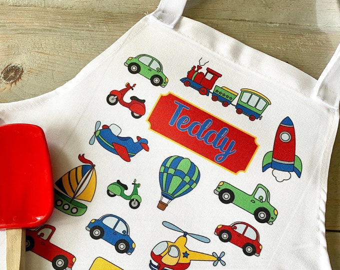Personalised Child's Cooking Baking Apron - Transport Themed Gift for Boy - Son, Grandson, Nephew, Godson