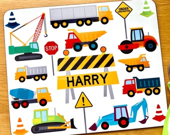 Kid's Diggers / Trucks Placemat with Name - Custom Construction Table Mat for Child Personalised - Diggers, Lorries