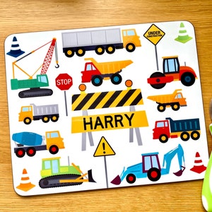 Kid's Diggers / Trucks Placemat with Name - Custom Construction Table Mat for Child Personalised - Diggers, Lorries