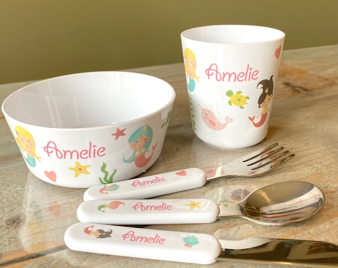 Personalised Childrens Dinner Set with Mermaids - Cute Plastic Bowl / Cup / Cutlery Set for Toddlers Personalised with Name