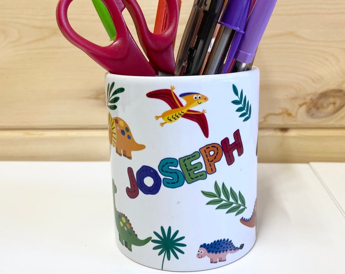 Personalised Pen Pot for Kids - Dinosaur Desk Pencil Stationery Storage - Kid's Birthday Christmas Gift