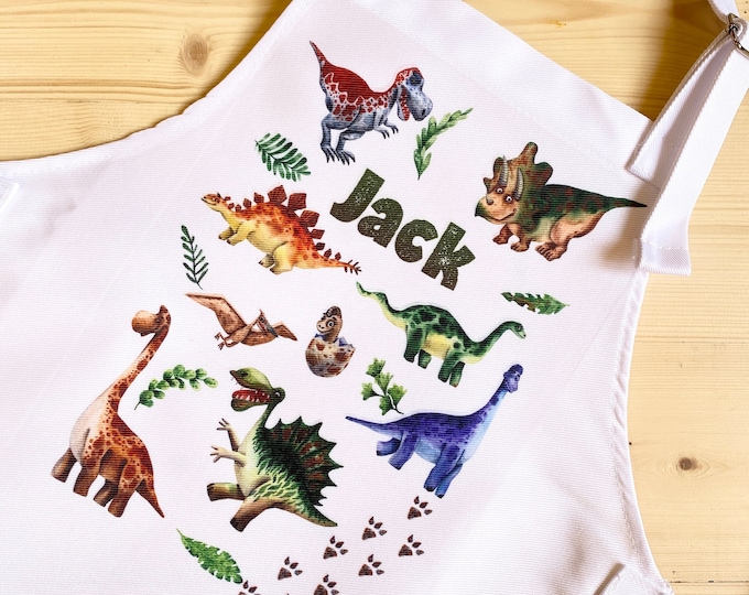Dinosaur Kid's Cooking Apron with Name - Child's Apron for Baking - Personalised Dinosaur Gifts for Children - Boy Bake Apron