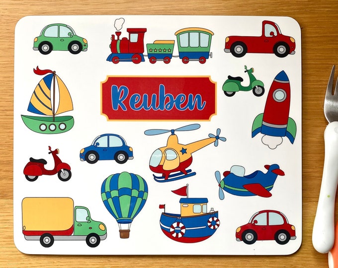 Custom Kid's Transport Placemat Name - Custom Bright Transport Table Mat for Boys with Name - Transport Gift - Cars, Trains, Planes, Trucks