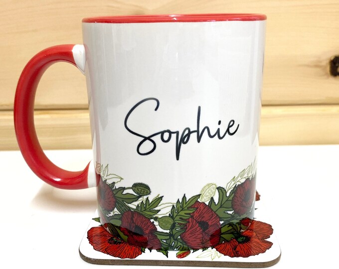 Red Poppy Mug Personalised with Name - Custom Teacher Gift for Her - Nurse Gift Coffee Mug